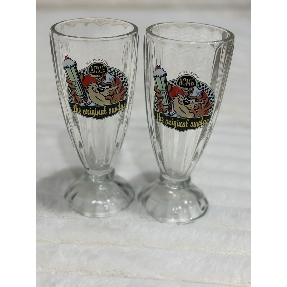 Vintage 1993 Taz Tasmanian Devil ACME Original Sundae Glasses Set 2